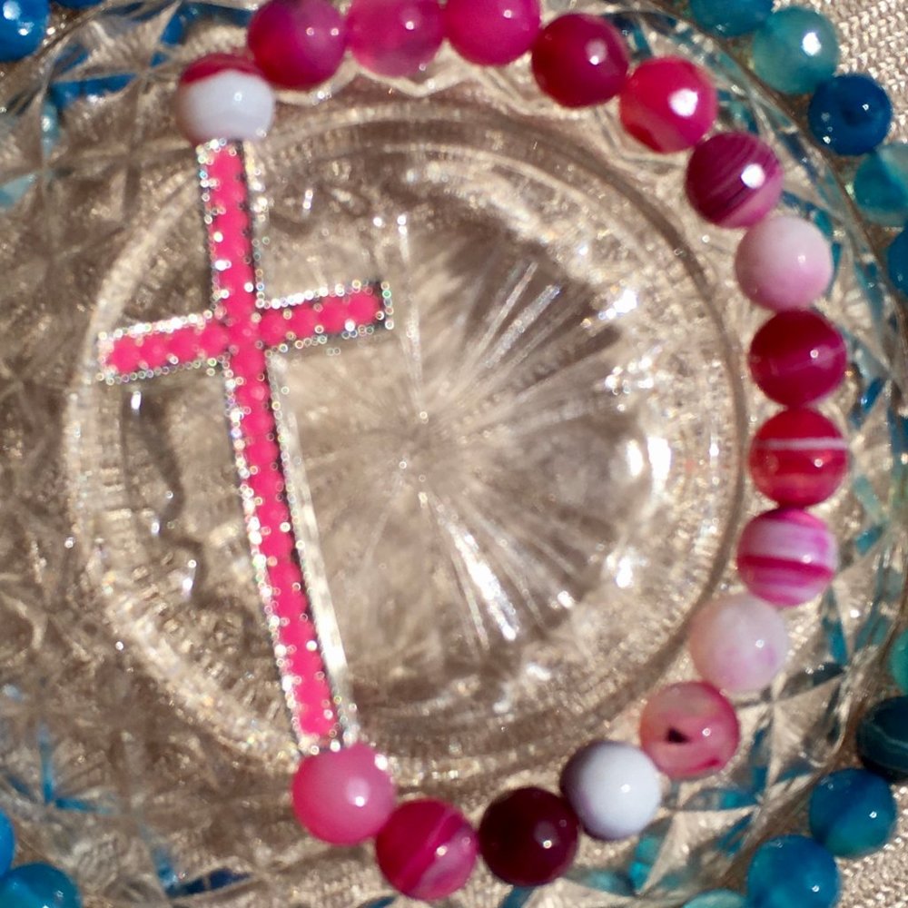 Crystal Cross Collection: Pink Agate Precious Stones Bracelet - Picture 5 of 6